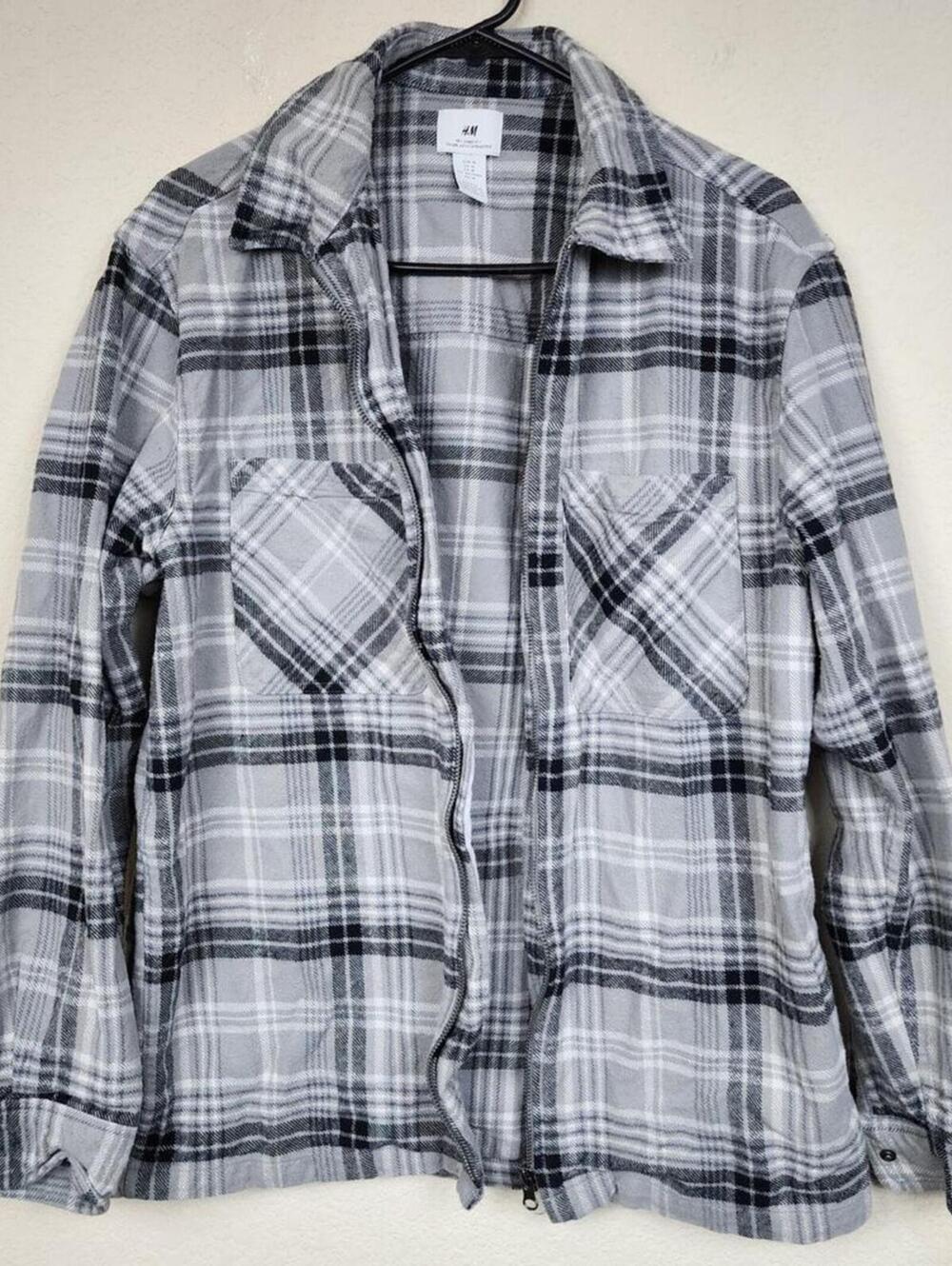 100% Cotton Medium Grey Plaid Flannel Long Sleeve Jacket